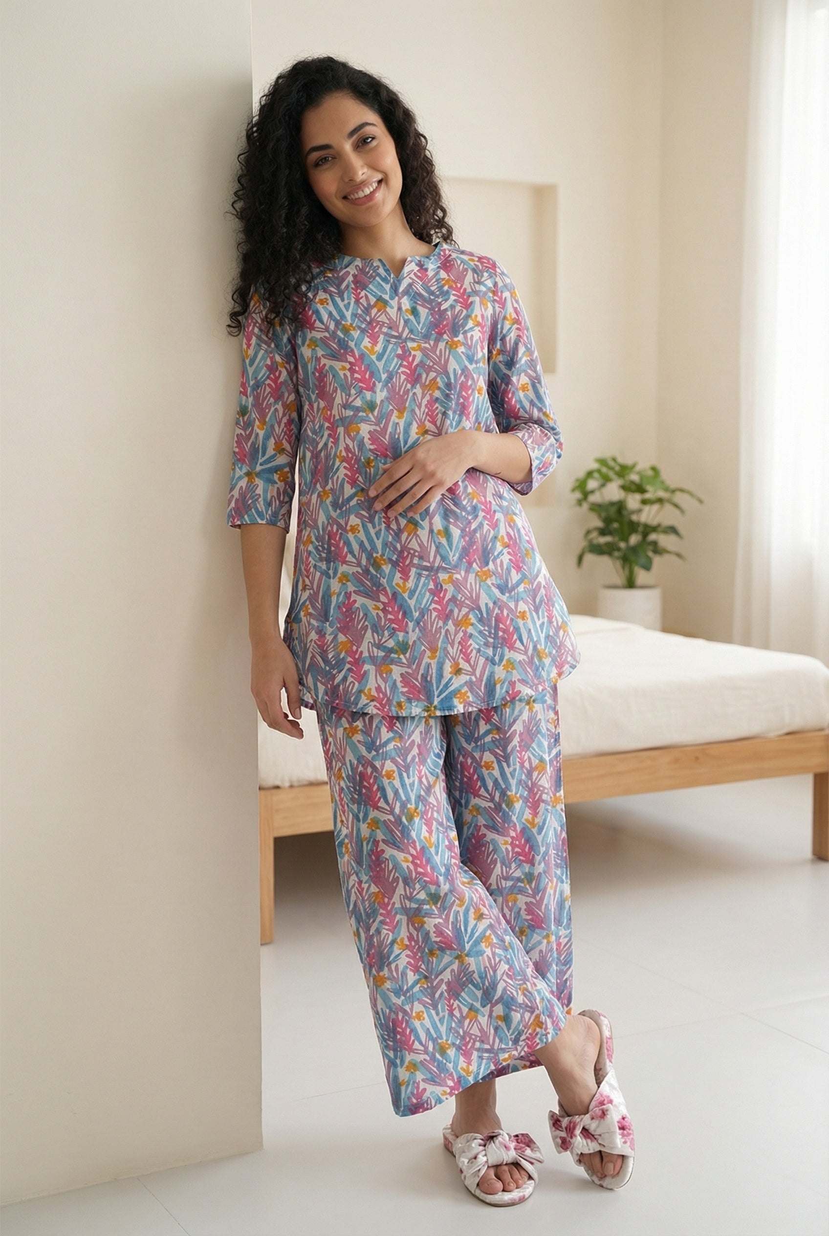 Blue Tropical Print Round Neck Cotton Night Suit For Women