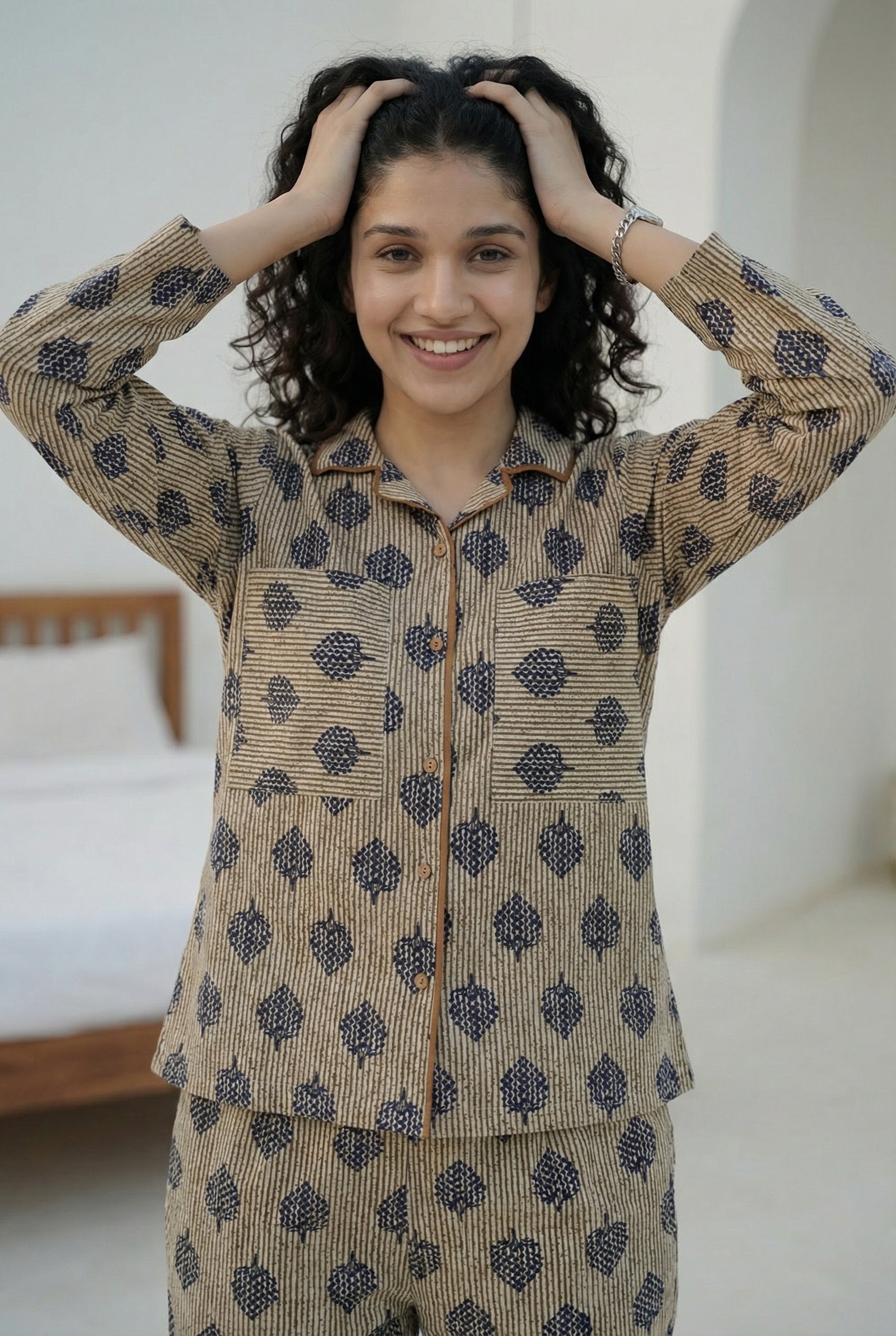 Beige Abstract Print Lapel Collar Pure Cotton Night Suit For Women