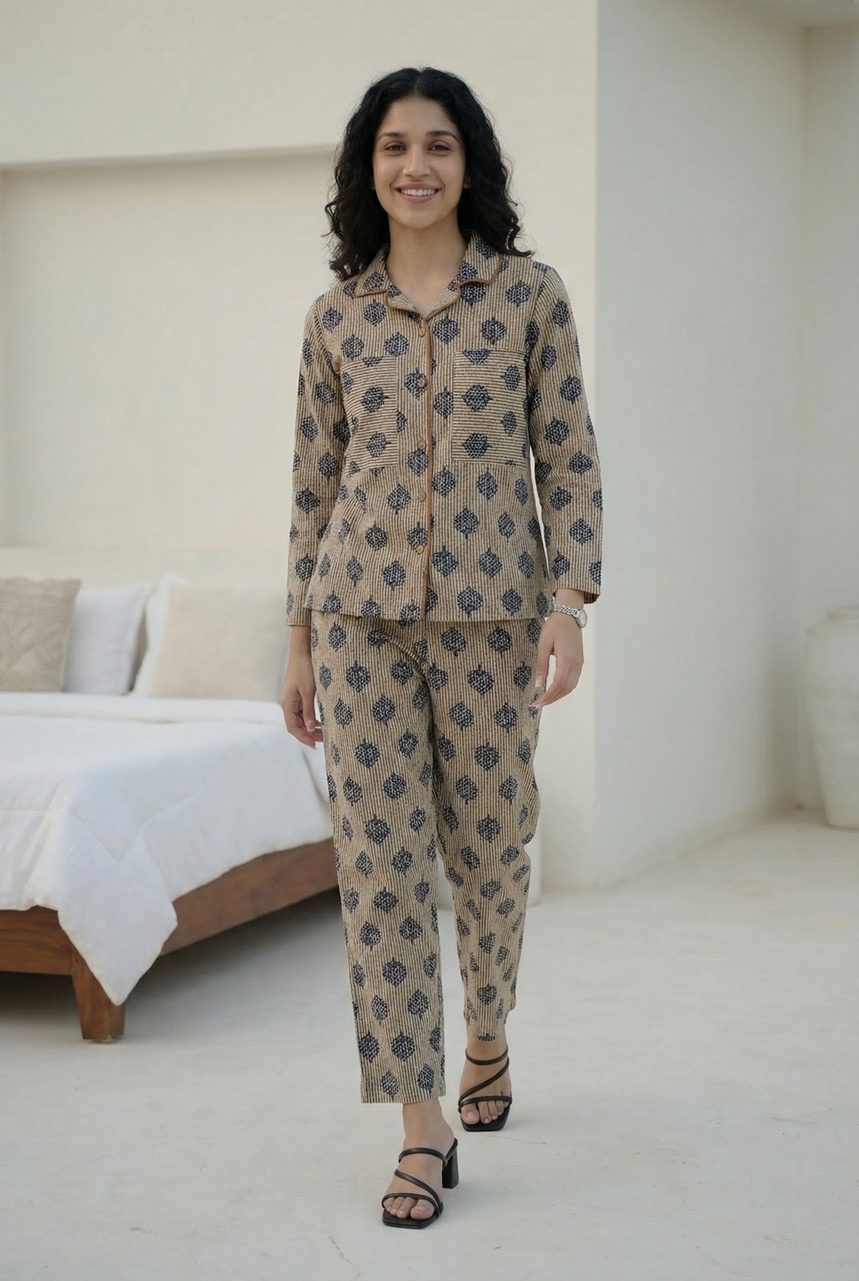 Beige Abstract Print Lapel Collar Pure Cotton Night Suit For Women