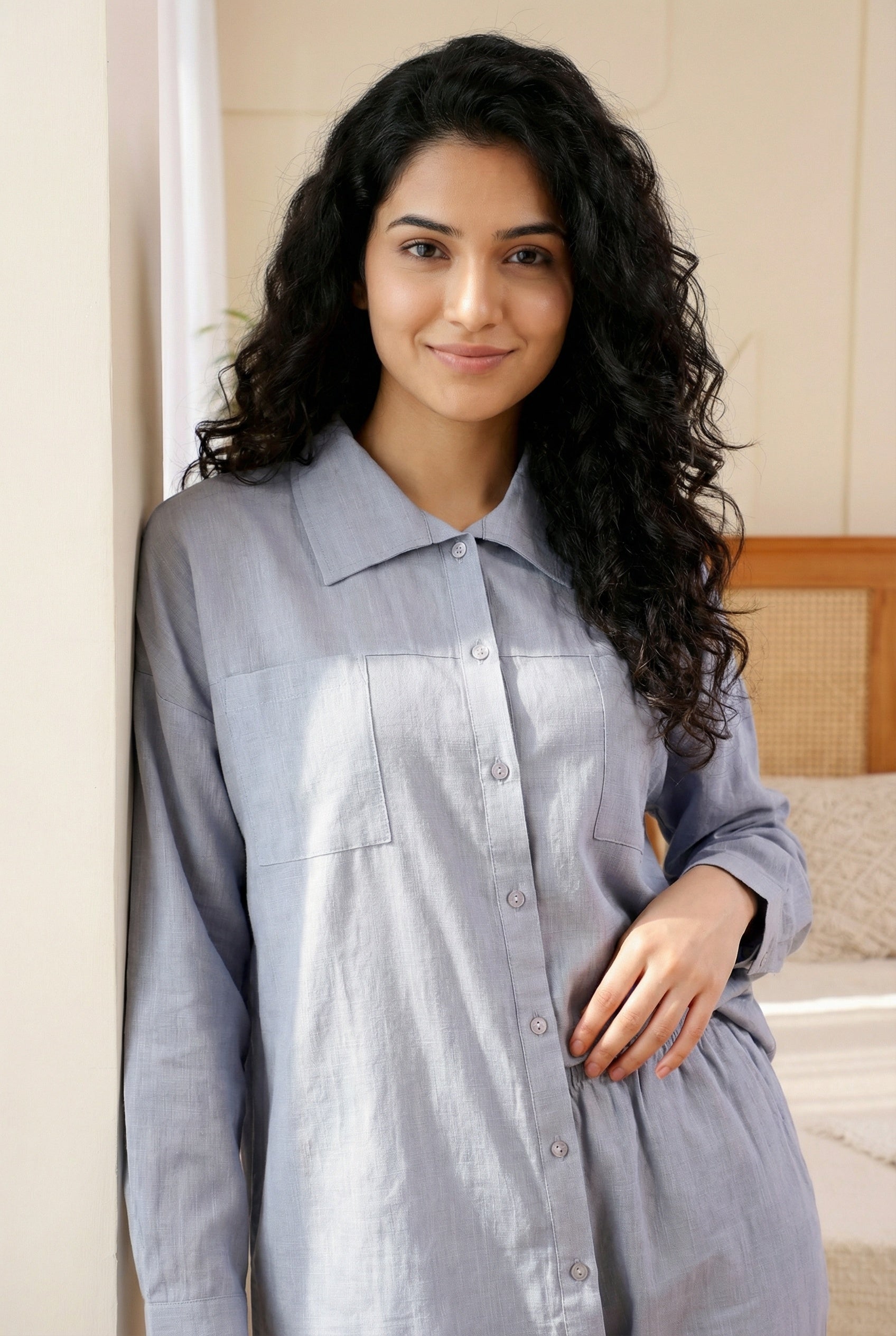 Lavender Solid Shirt Collar Pure Cotton Night Suit For Women