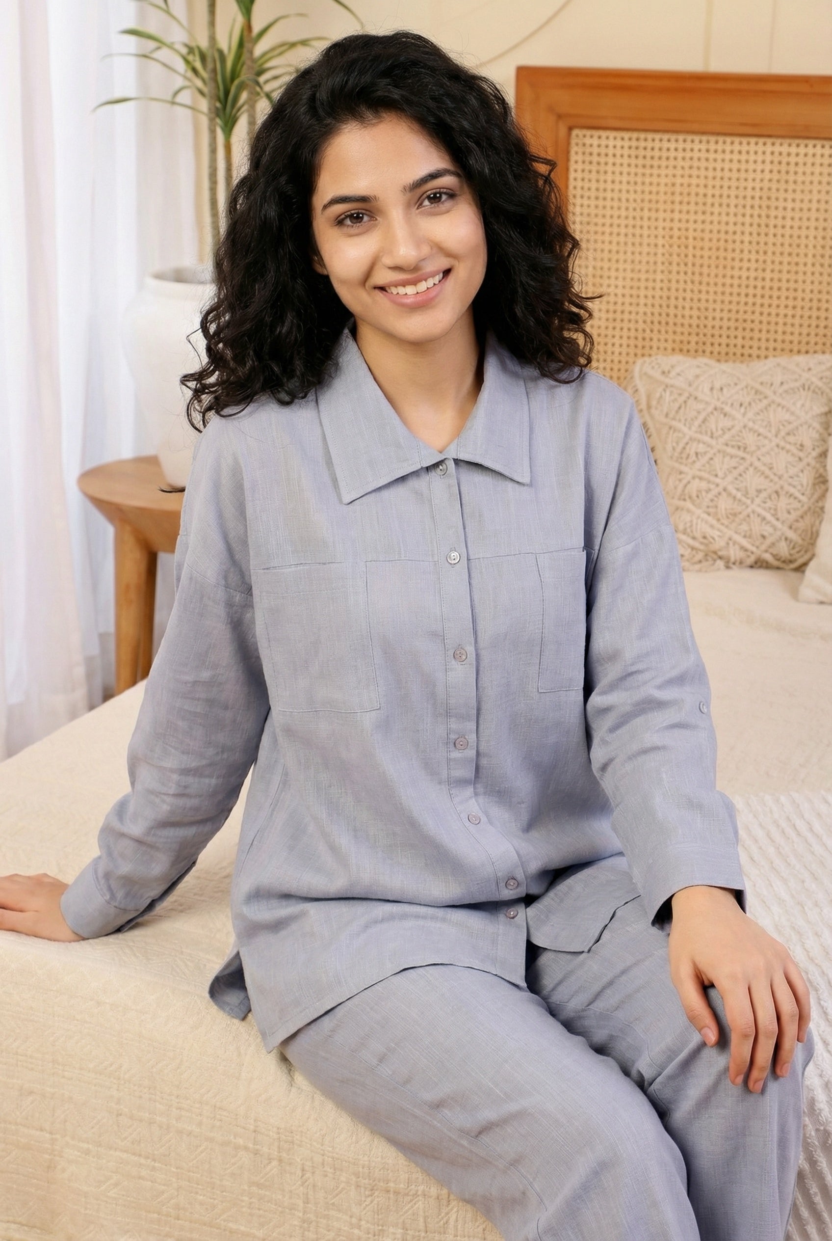 Lavender Solid Shirt Collar Pure Cotton Night Suit For Women