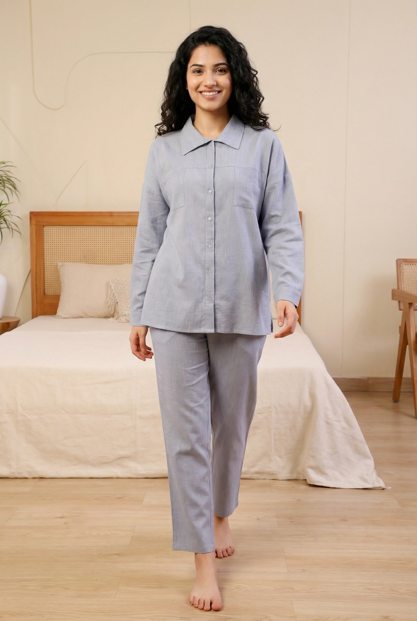 Lavender Solid Shirt Collar Pure Cotton Night Suit For Women