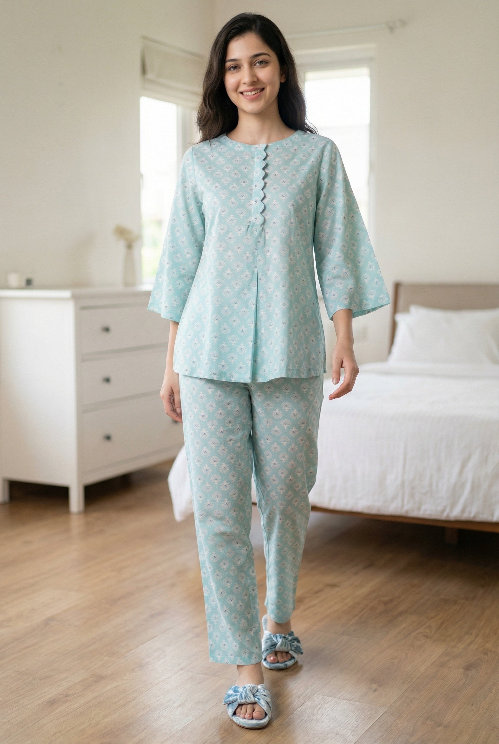 Blue Floral Print Round Neck Pure Cotton Night Suit For Women