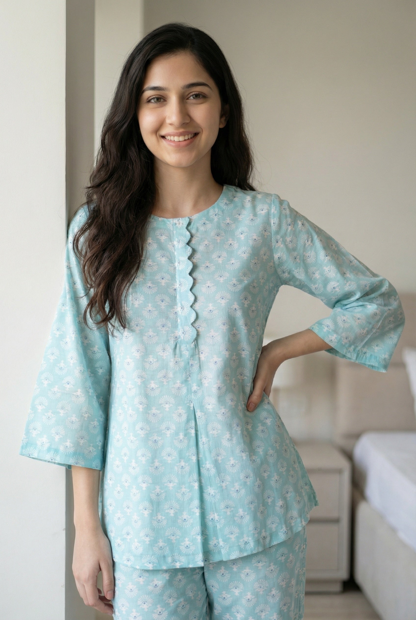 Blue Floral Print Round Neck Pure Cotton Night Suit For Women