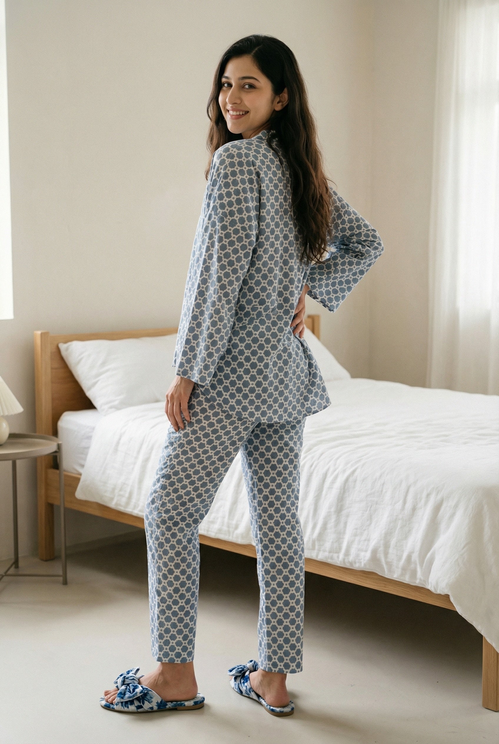 Grey Geometric Print Mandarin Collar Pure Cotton Night Suit For Women