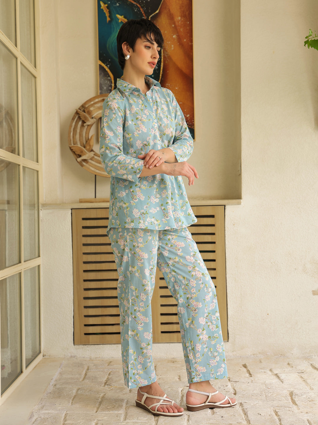 Blue Shirt Collar Pure Cotton Printed Floral Night Suit for Women