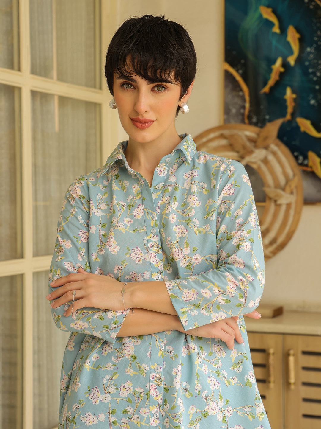 Blue Shirt Collar Pure Cotton Printed Floral Night Suit for Women