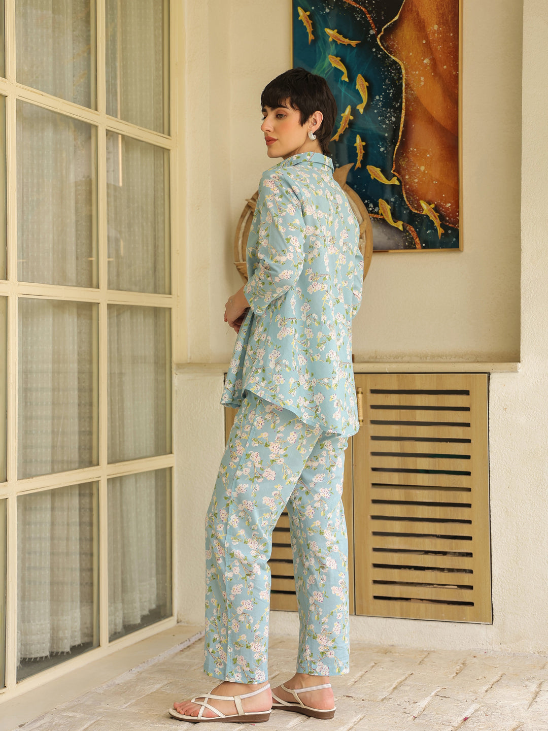 Blue Shirt Collar Pure Cotton Printed Floral Night Suit for Women