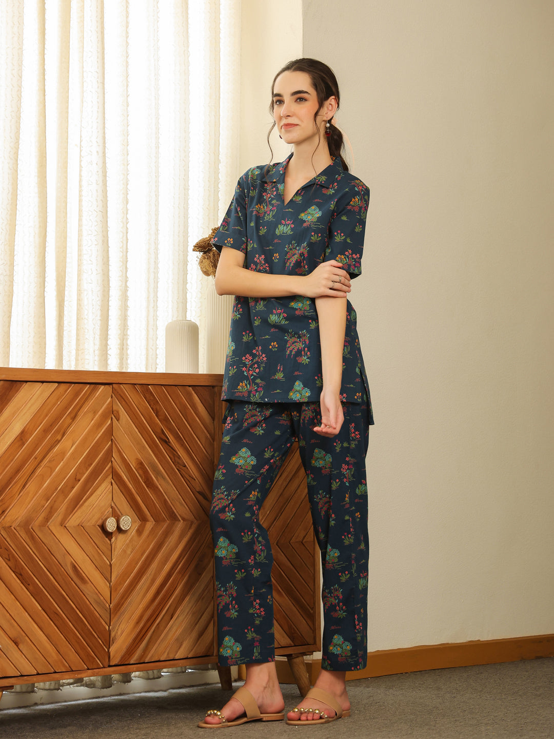 Blue V-Neck Pure Cotton Printed Floral Night Suit for Women