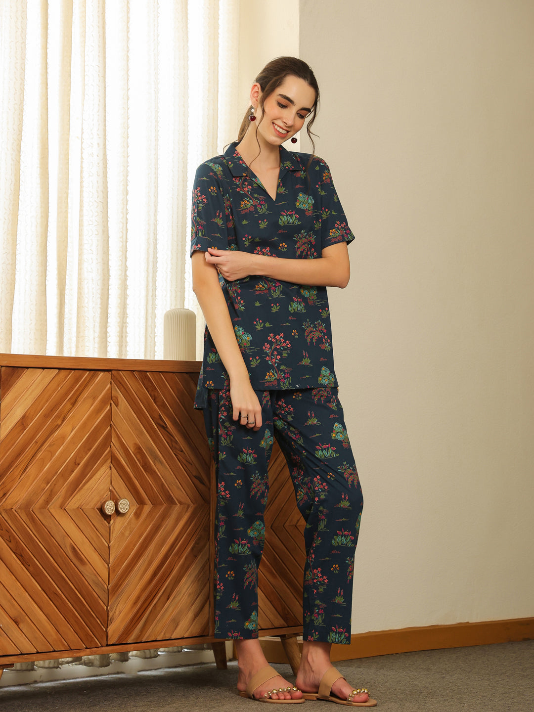 Blue V-Neck Pure Cotton Printed Floral Night Suit for Women