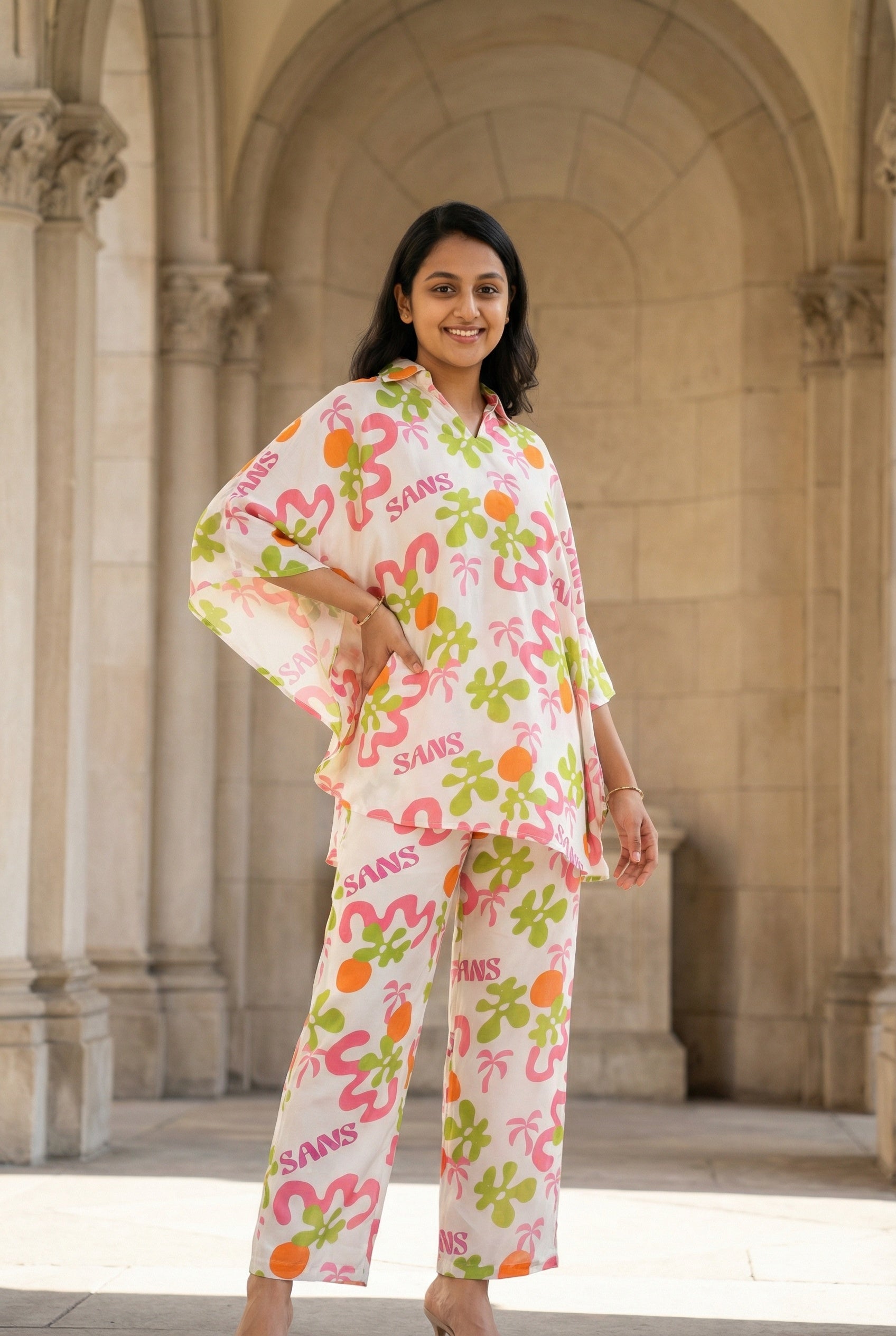 Off White Abstract Print Shirt Collar Pure Cotton Night Suit For Women