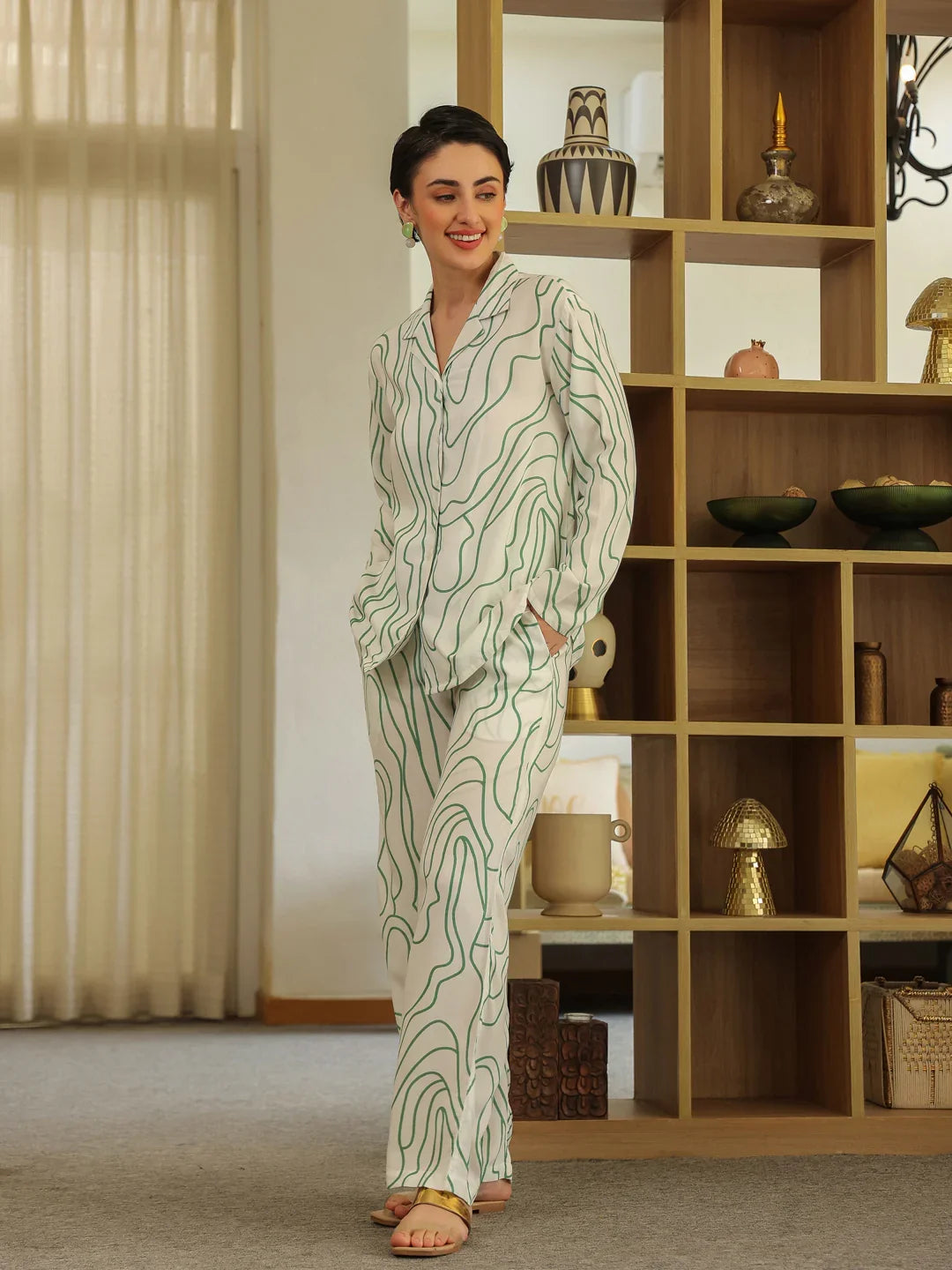 White Shirt Collar Viscose Rayon Printed Abstract Night Suit for Women - SanskrutiHomes