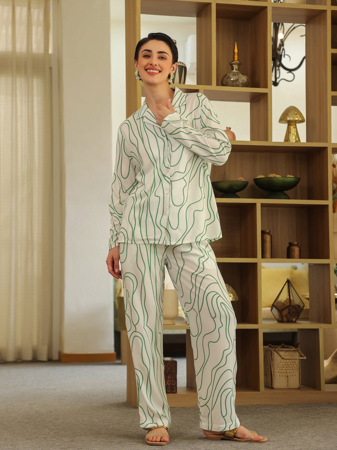 White Shirt Collar Viscose Rayon Printed Abstract Night Suit for Women