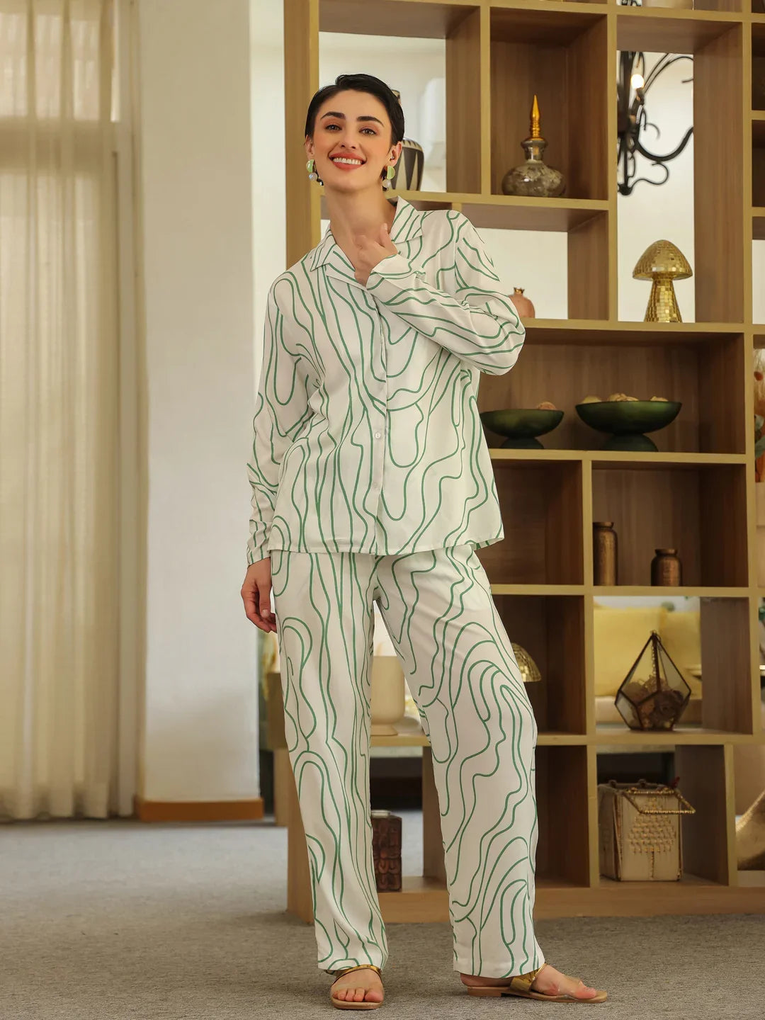 White Shirt Collar Viscose Rayon Printed Abstract Night Suit for Women - SanskrutiHomes