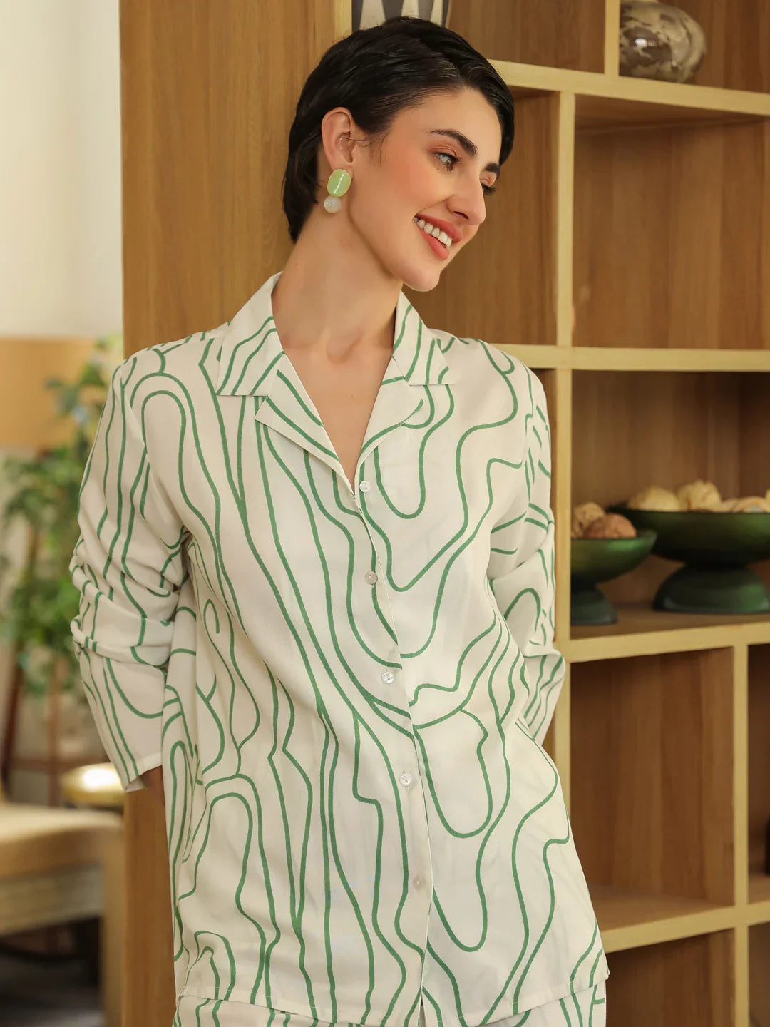White Shirt Collar Viscose Rayon Printed Abstract Night Suit for Women - SanskrutiHomes