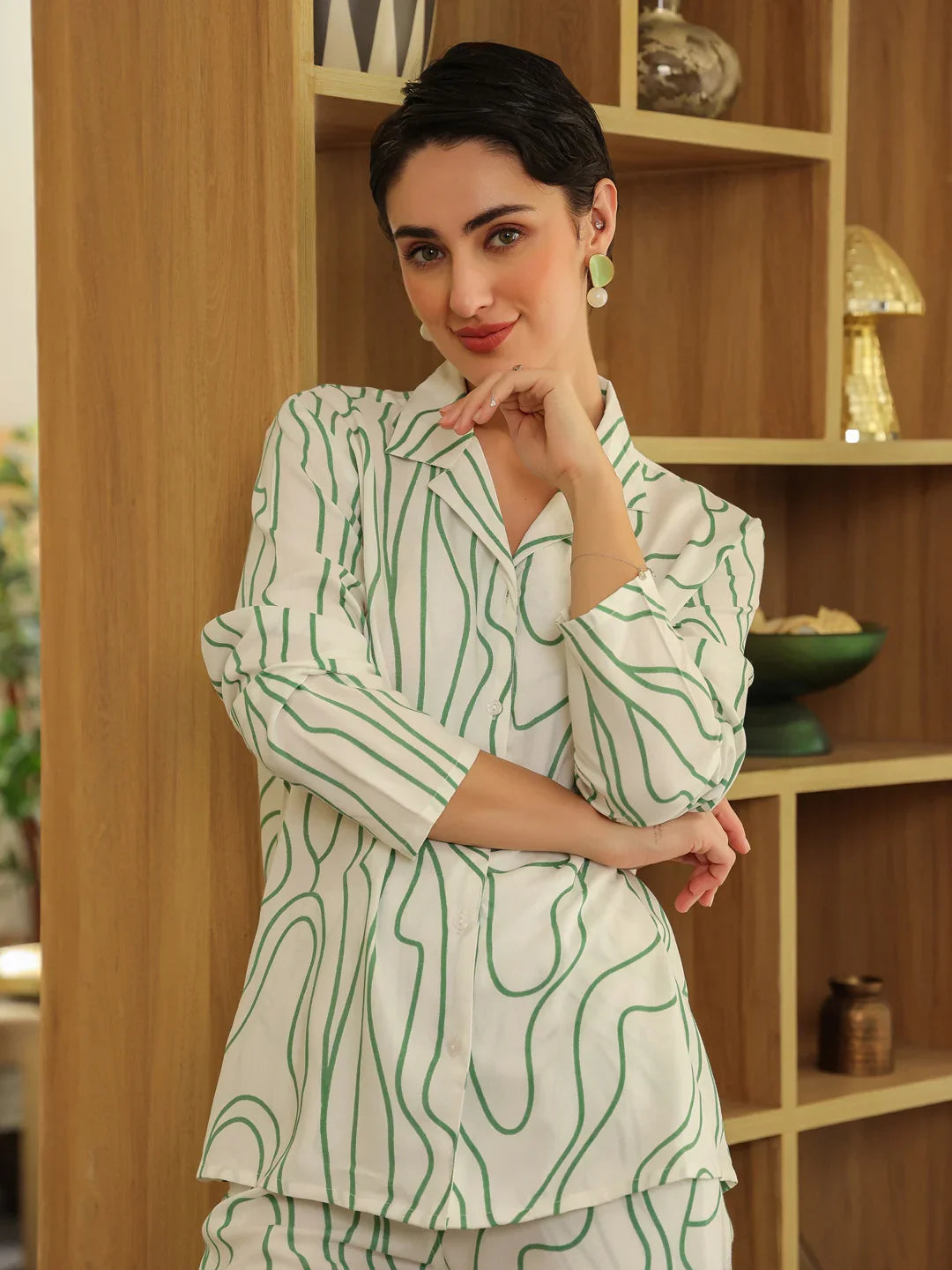 White Shirt Collar Viscose Rayon Printed Abstract Night Suit for Women - SanskrutiHomes