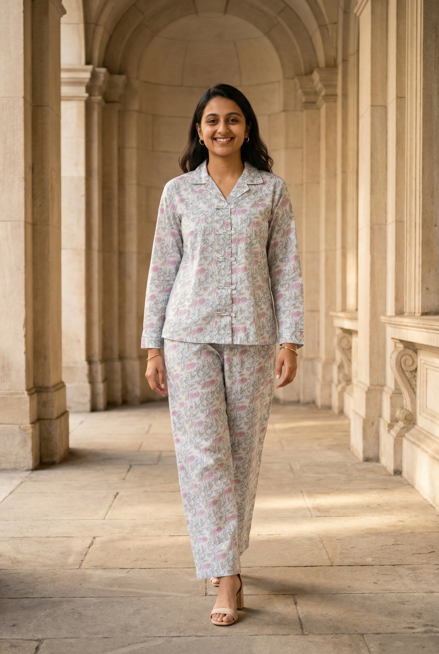 White Floral Print Shirt Collar Pure Cotton Night Suit For Women