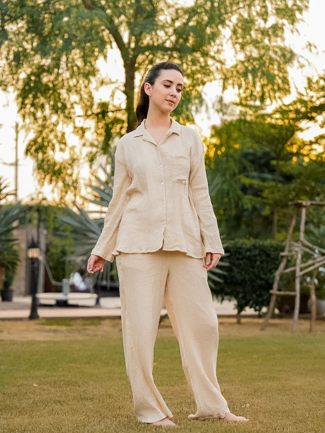 Beige Lapel Collar Pure Cotton Solid Night Suit for Women - SanskrutiHomes
