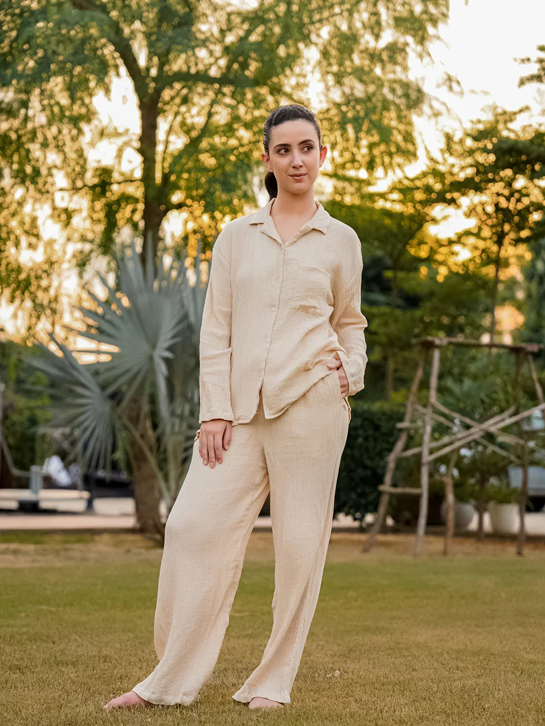 Beige Lapel Collar Pure Cotton Solid Night Suit for Women - SanskrutiHomes