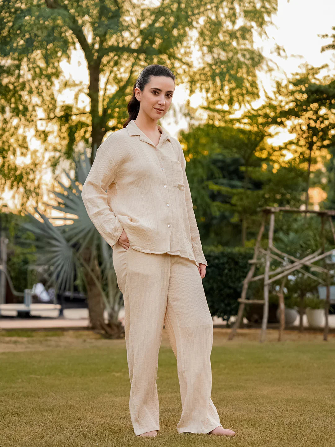 Beige Lapel Collar Pure Cotton Solid Night Suit for Women - SanskrutiHomes