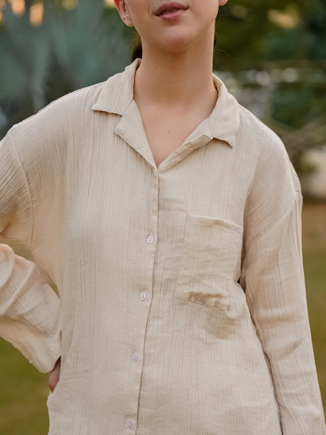 Beige Lapel Collar Pure Cotton Solid Night Suit for Women - SanskrutiHomes