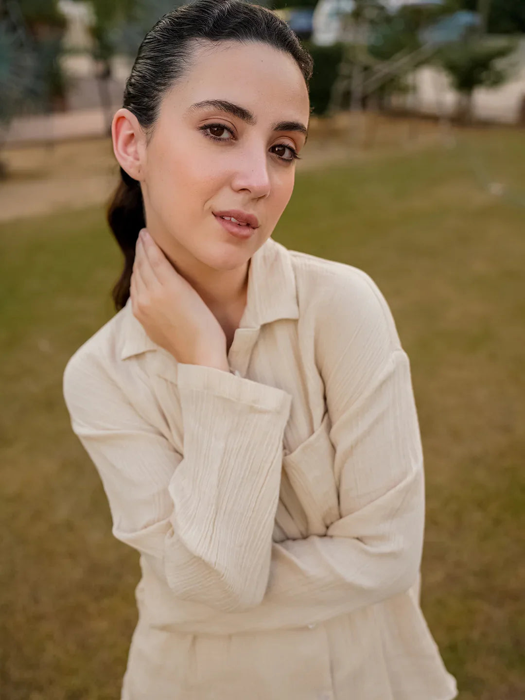 Beige Lapel Collar Pure Cotton Solid Night Suit for Women - SanskrutiHomes