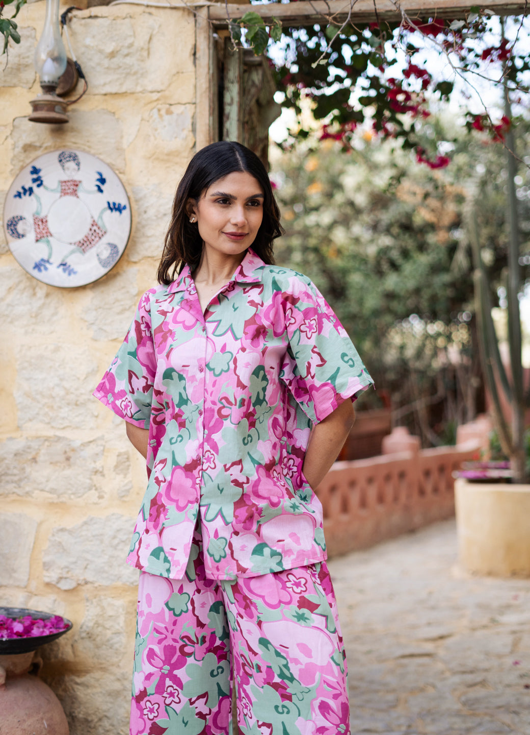 Pink Lapel Collar Floral Printed Pure Cotton Night Suit