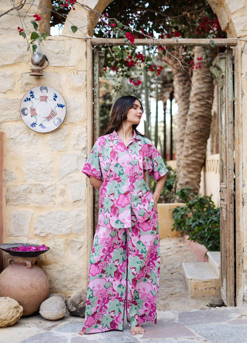 Pink Lapel Collar Floral Printed Pure Cotton Night Suit
