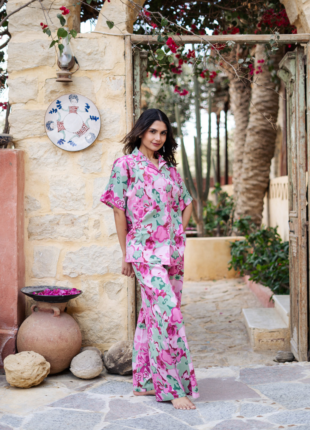 Pink Lapel Collar Floral Printed Pure Cotton Night Suit