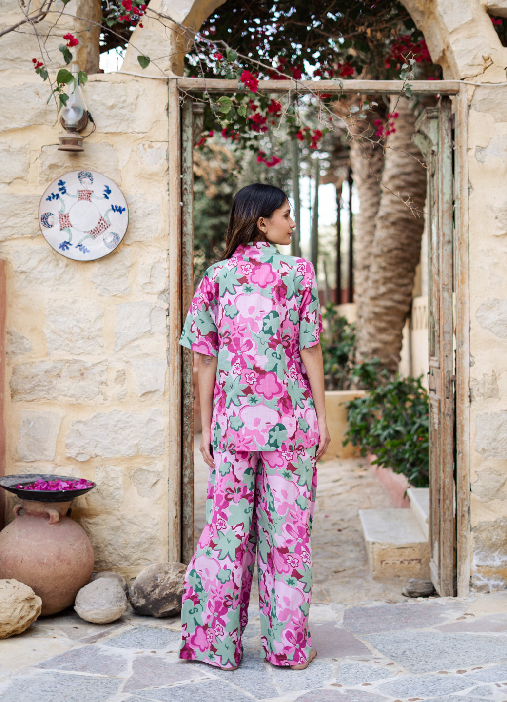 Pink Lapel Collar Floral Printed Pure Cotton Night Suit