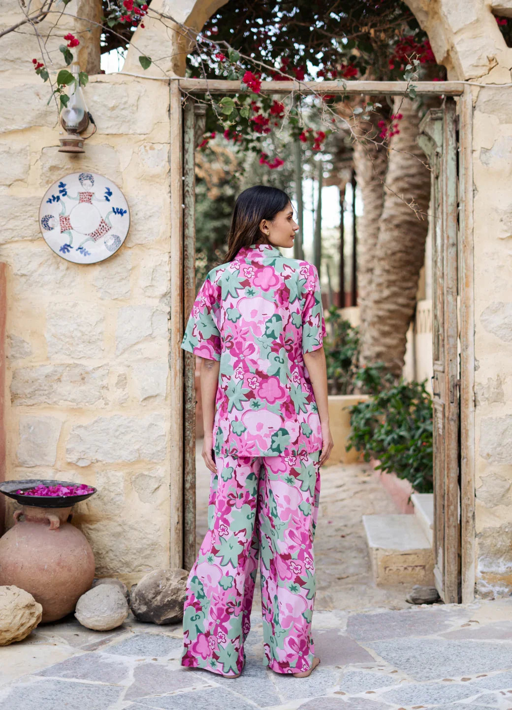 Pink Lapel Collar Floral Printed Pure Cotton Night Suit - SanskrutiHomes