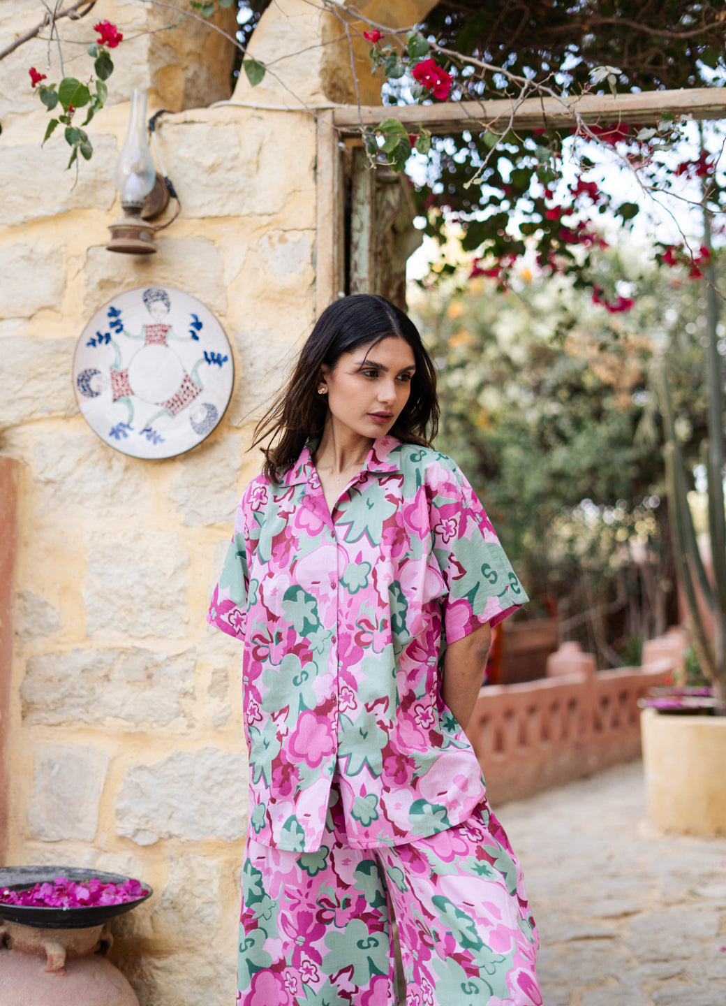 Pink Lapel Collar Floral Printed Pure Cotton Night Suit