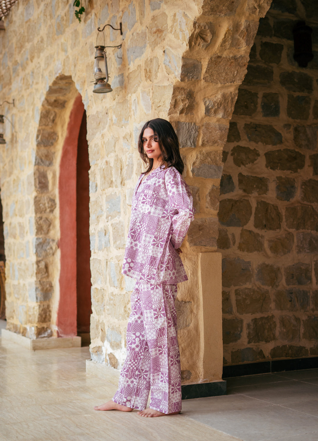 Purple Lapel Collar Abstract Printed Pure Cotton Night Suit