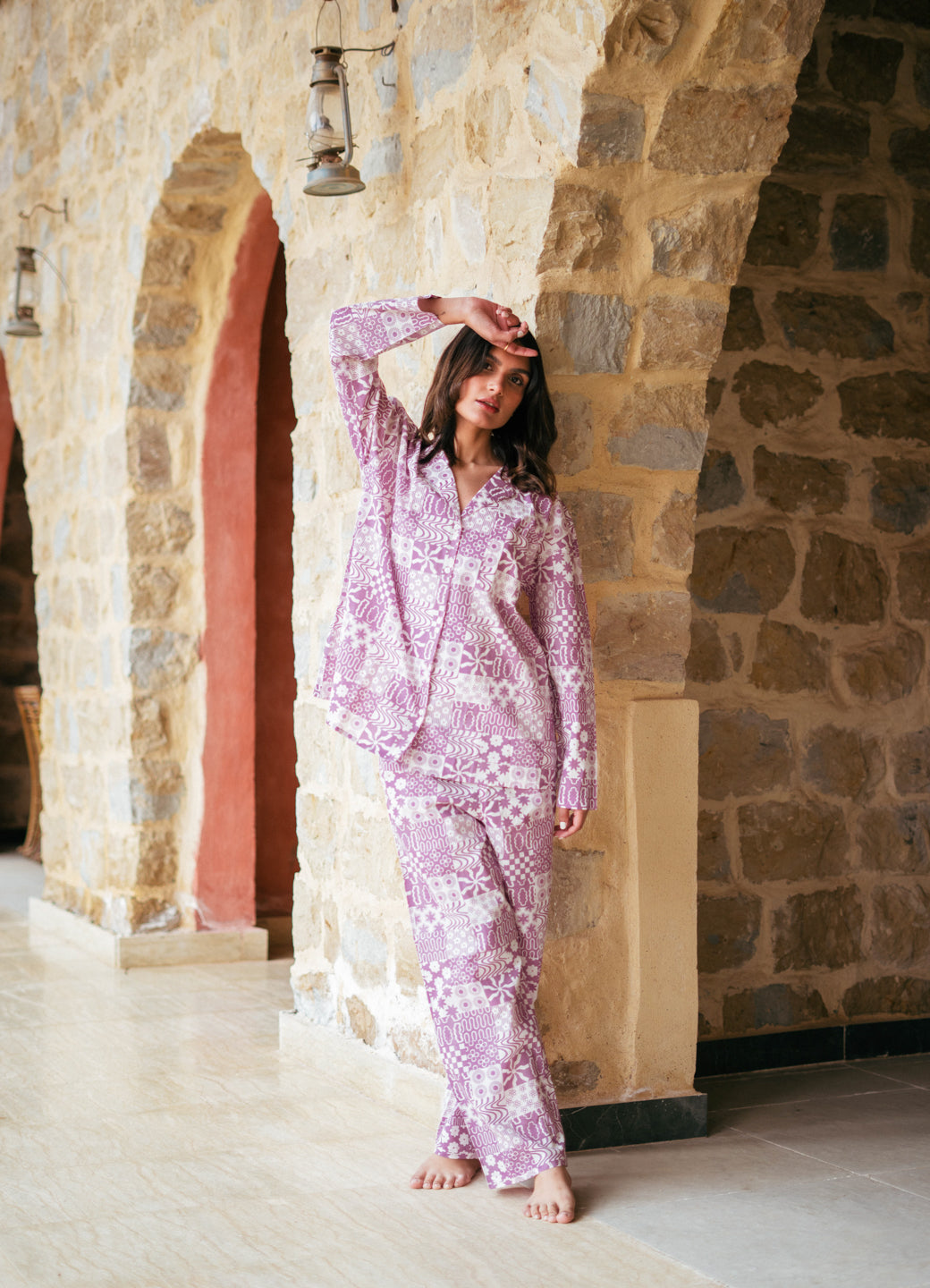 Purple Lapel Collar Abstract Printed Pure Cotton Night Suit