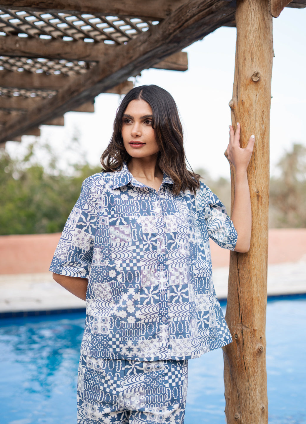 White Shirt Collar Geometric Printed Pure Cotton Night Suit