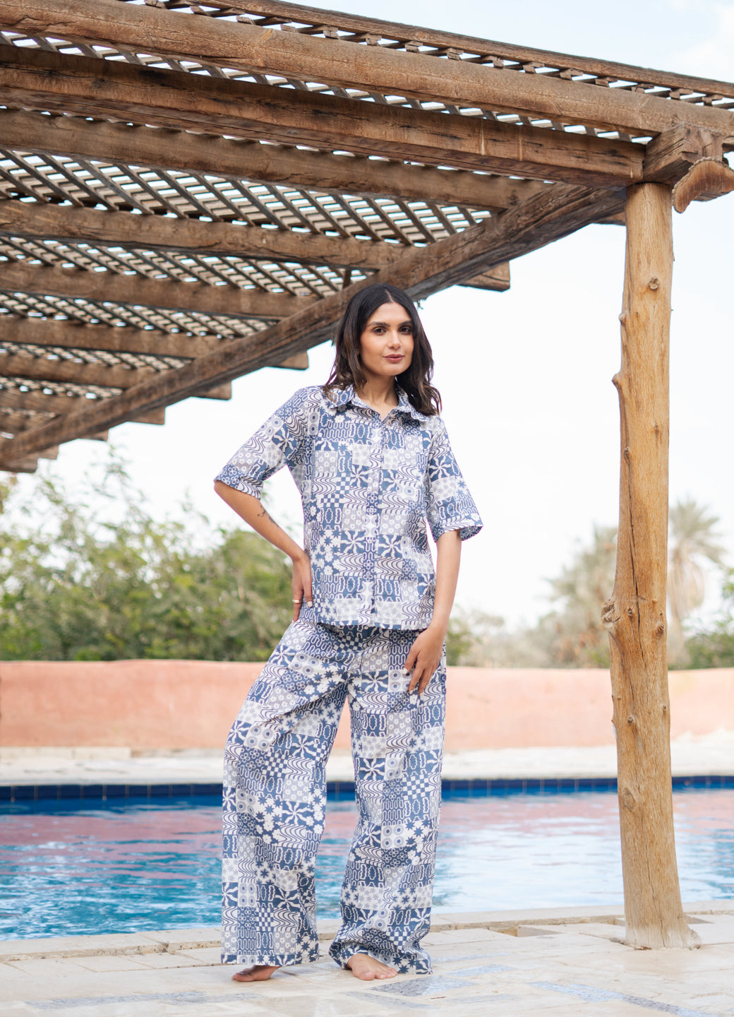 White Shirt Collar Geometric Printed Pure Cotton Night Suit