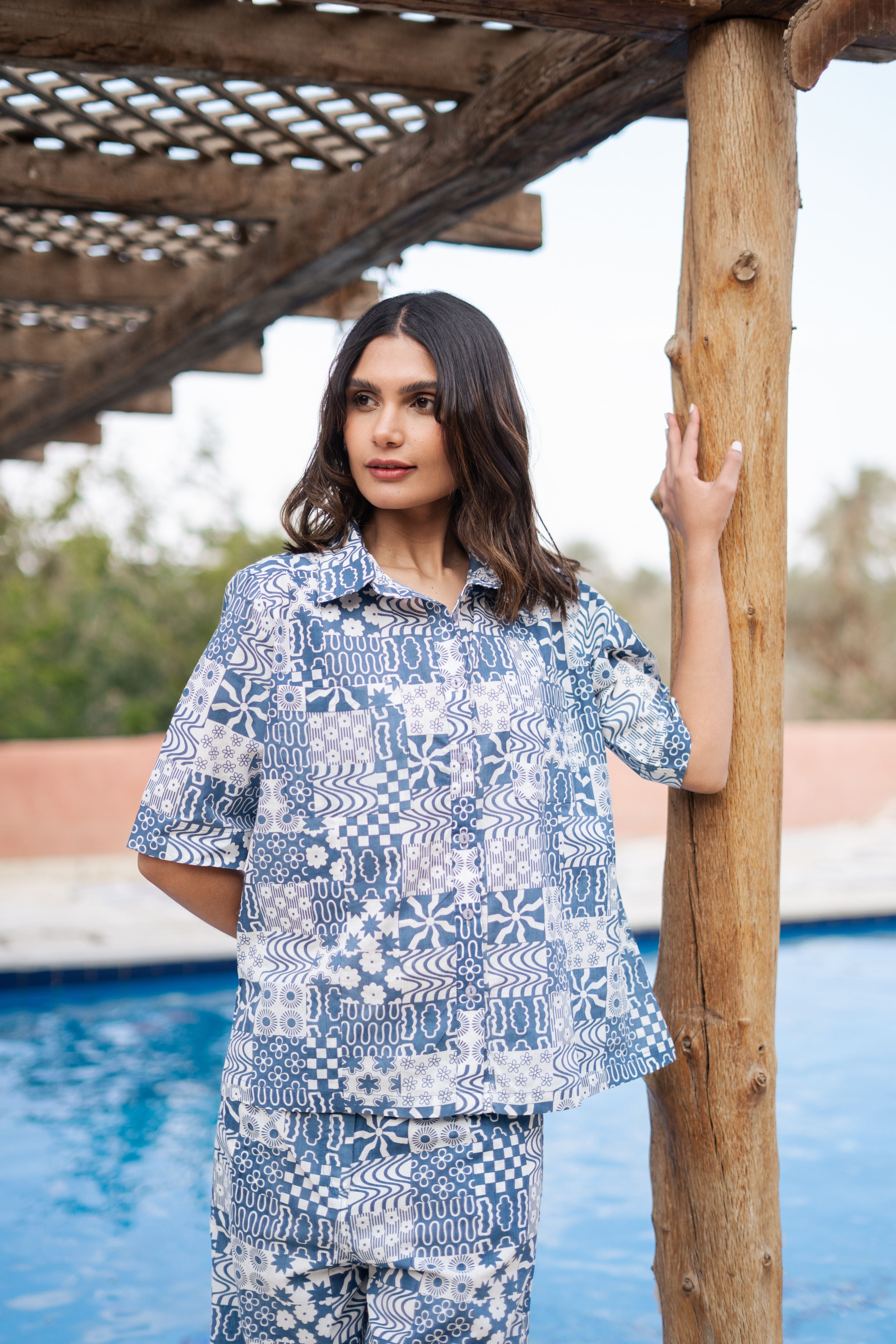 White Shirt Collar Geometric Printed Pure Cotton Night Suit