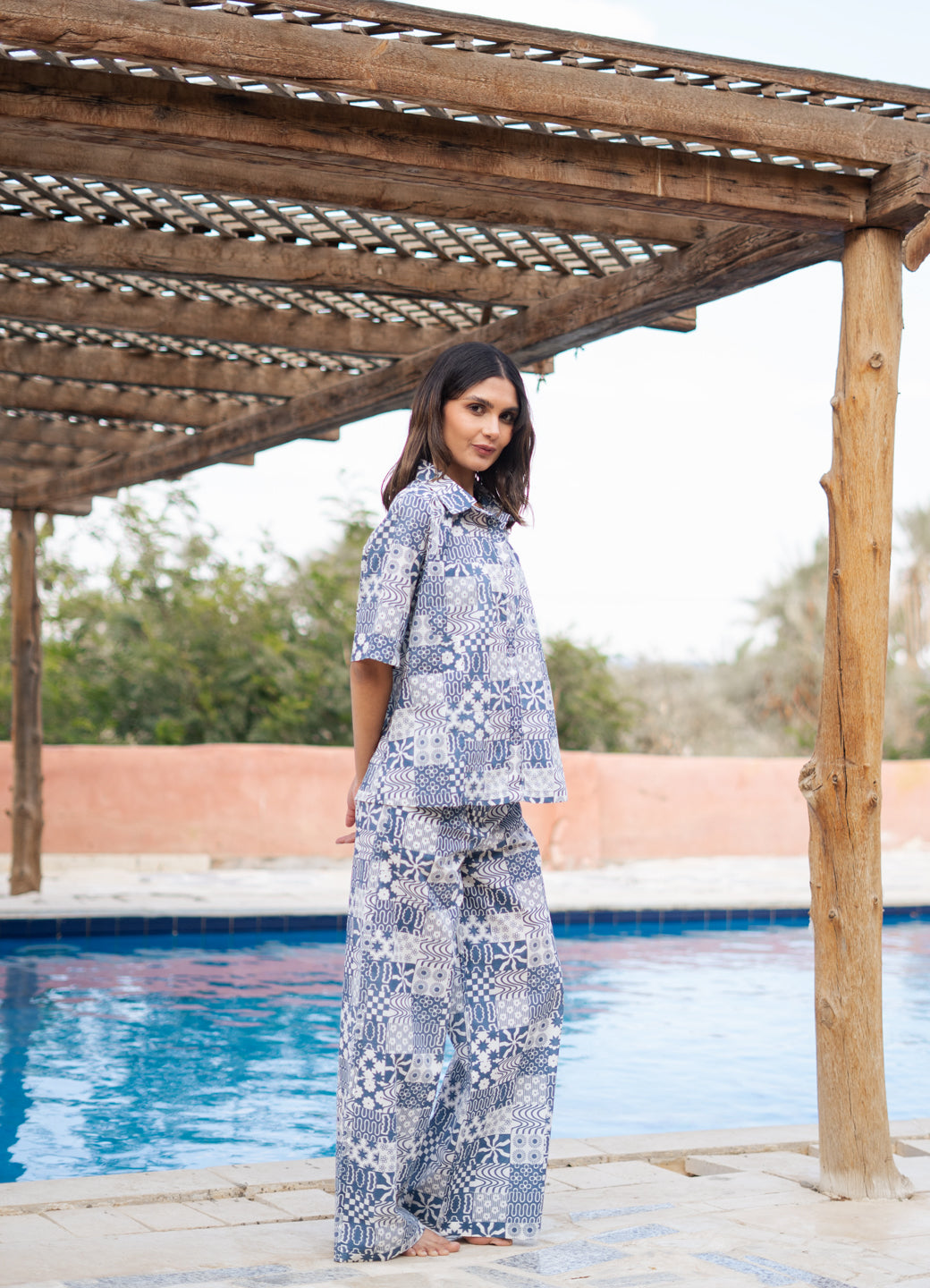 White Shirt Collar Geometric Printed Pure Cotton Night Suit