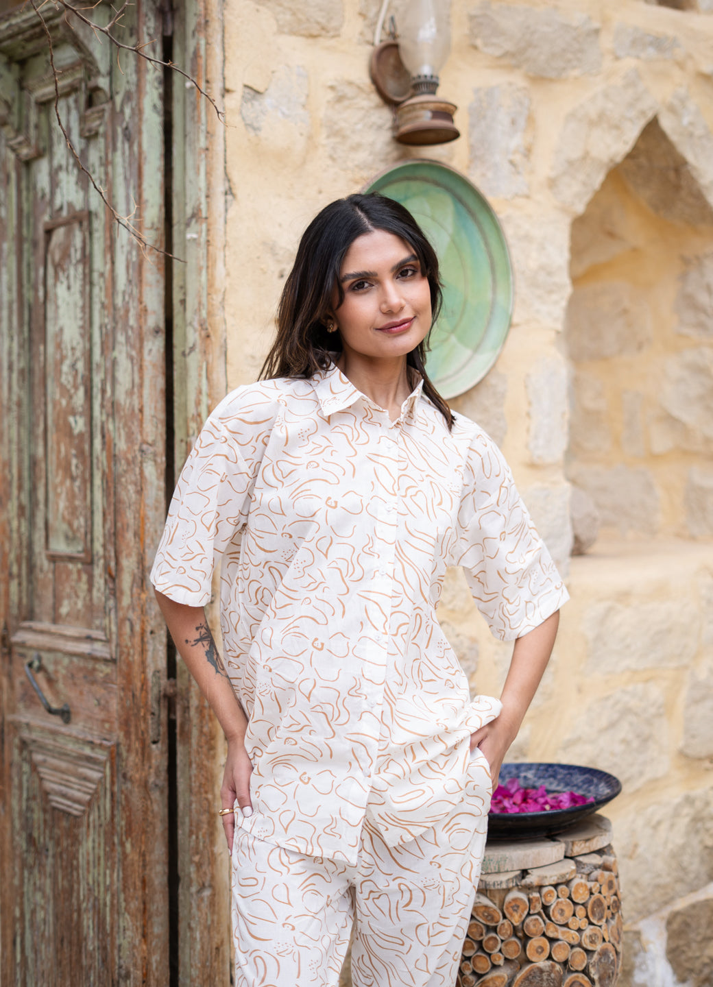 White Shirt Collar Floral Printed Pure Cotton Night Suit