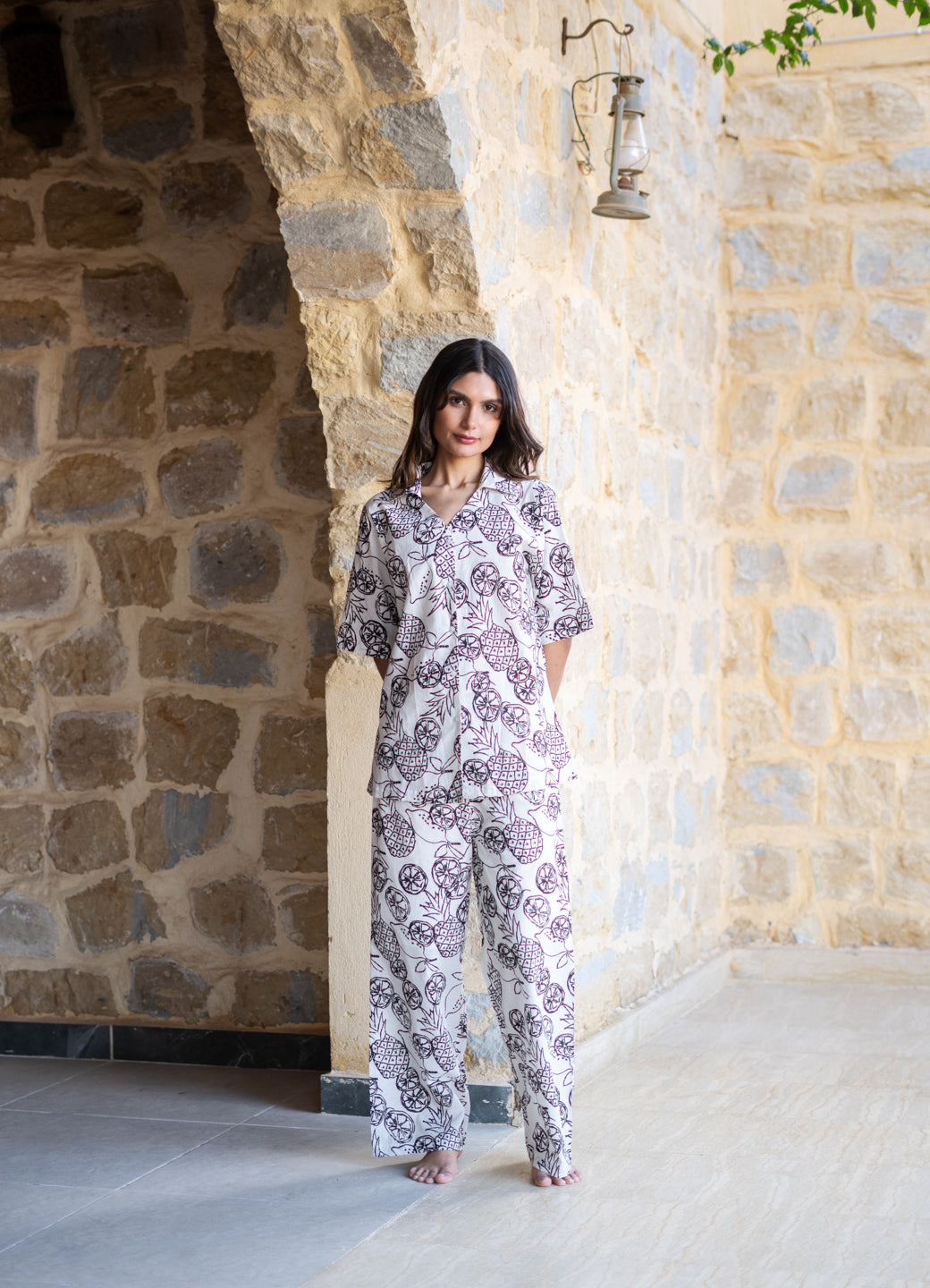 White V-Neck Tropical Printed Pure Cotton Night Suit