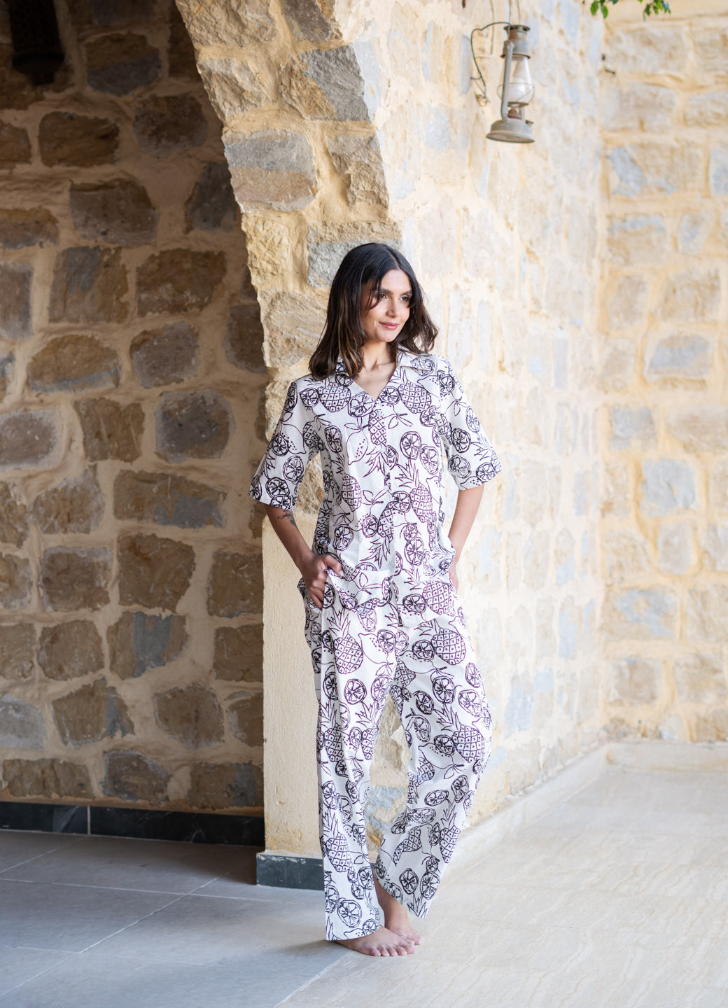 White V-Neck Tropical Printed Pure Cotton Night Suit