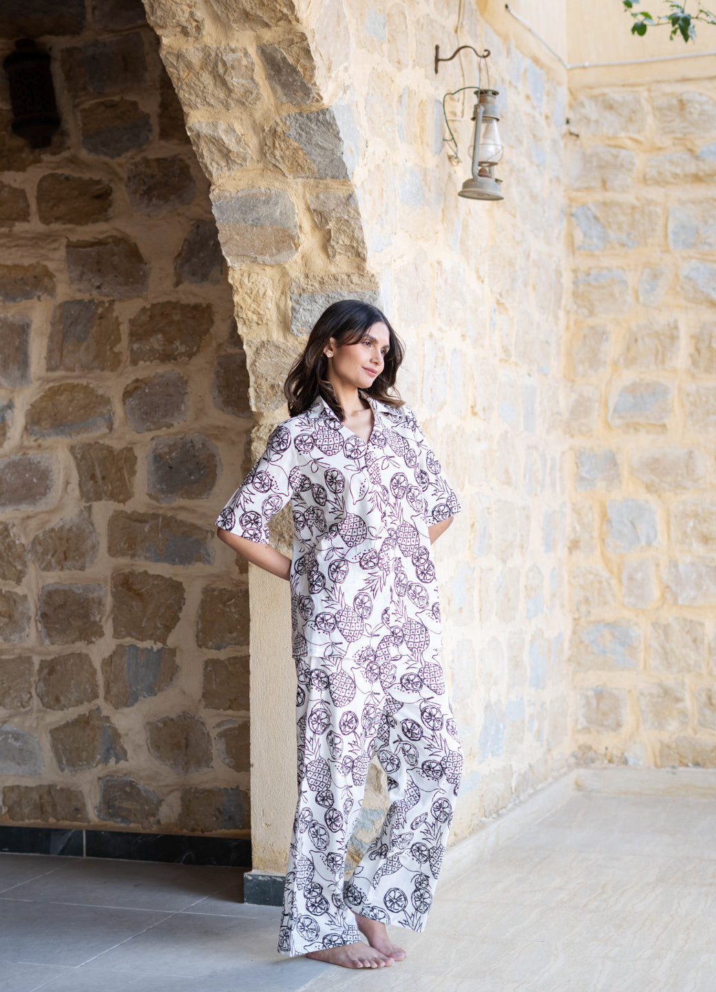 White V-Neck Tropical Printed Pure Cotton Night Suit