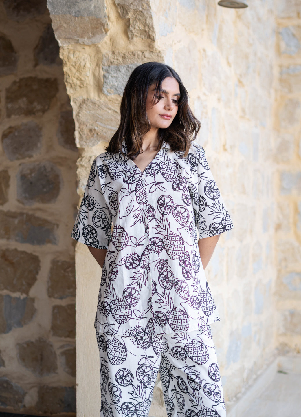 White V-Neck Tropical Printed Pure Cotton Night Suit