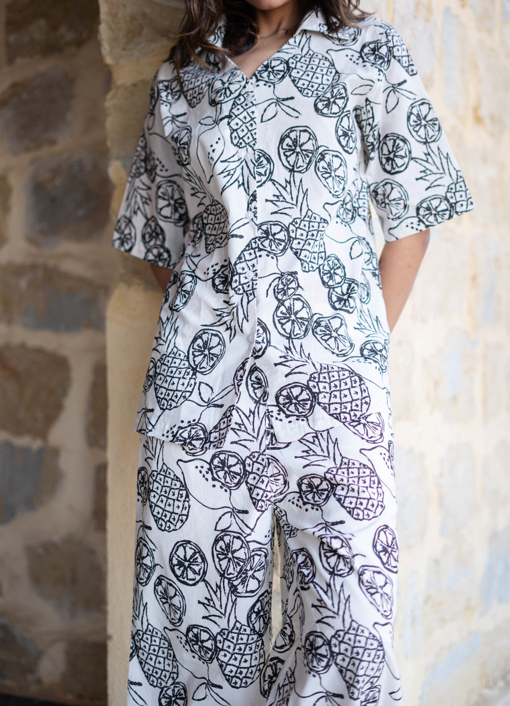 White V-Neck Tropical Printed Pure Cotton Night Suit