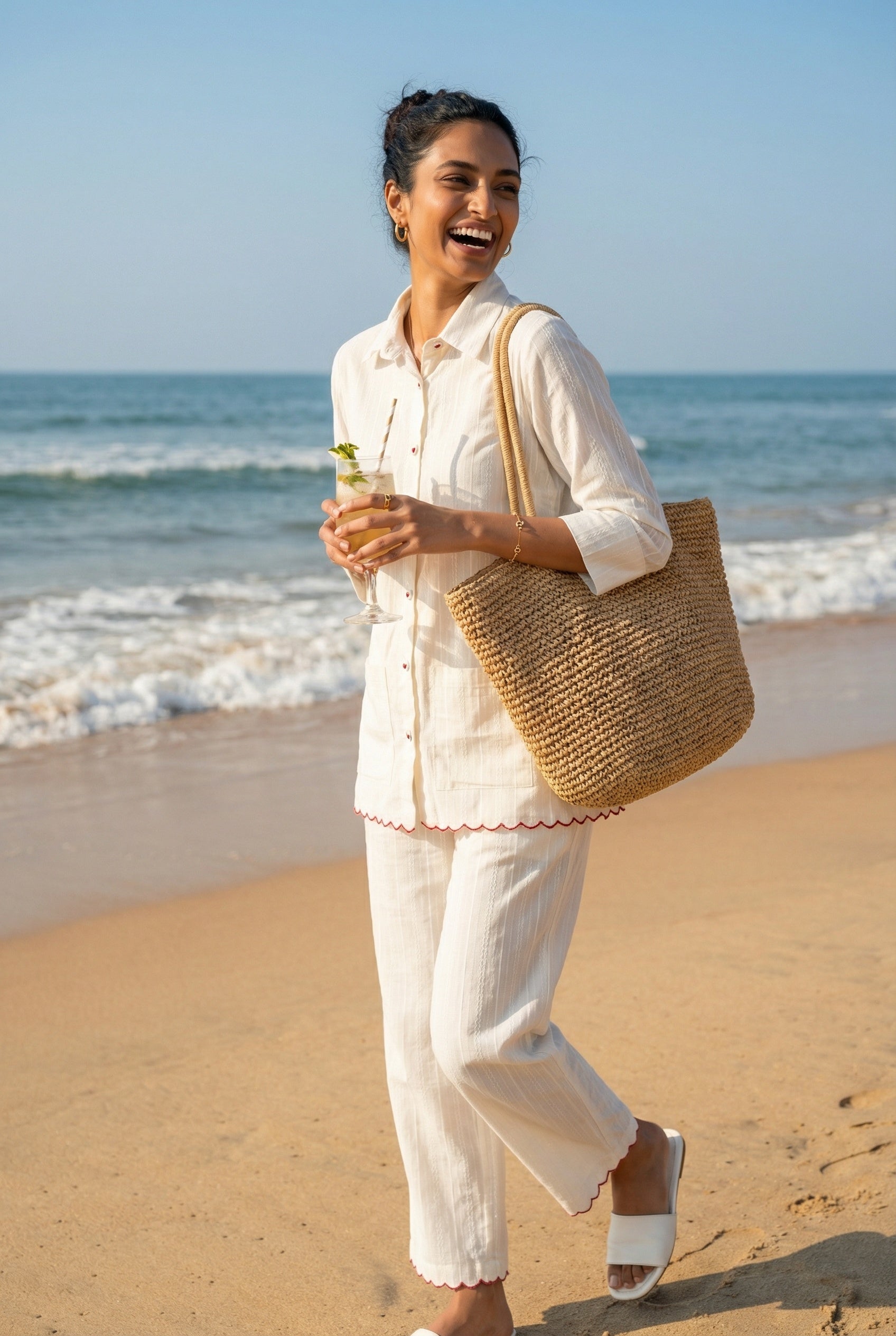 White Solid Shirt Collar Pure Cotton Night Suit For Women