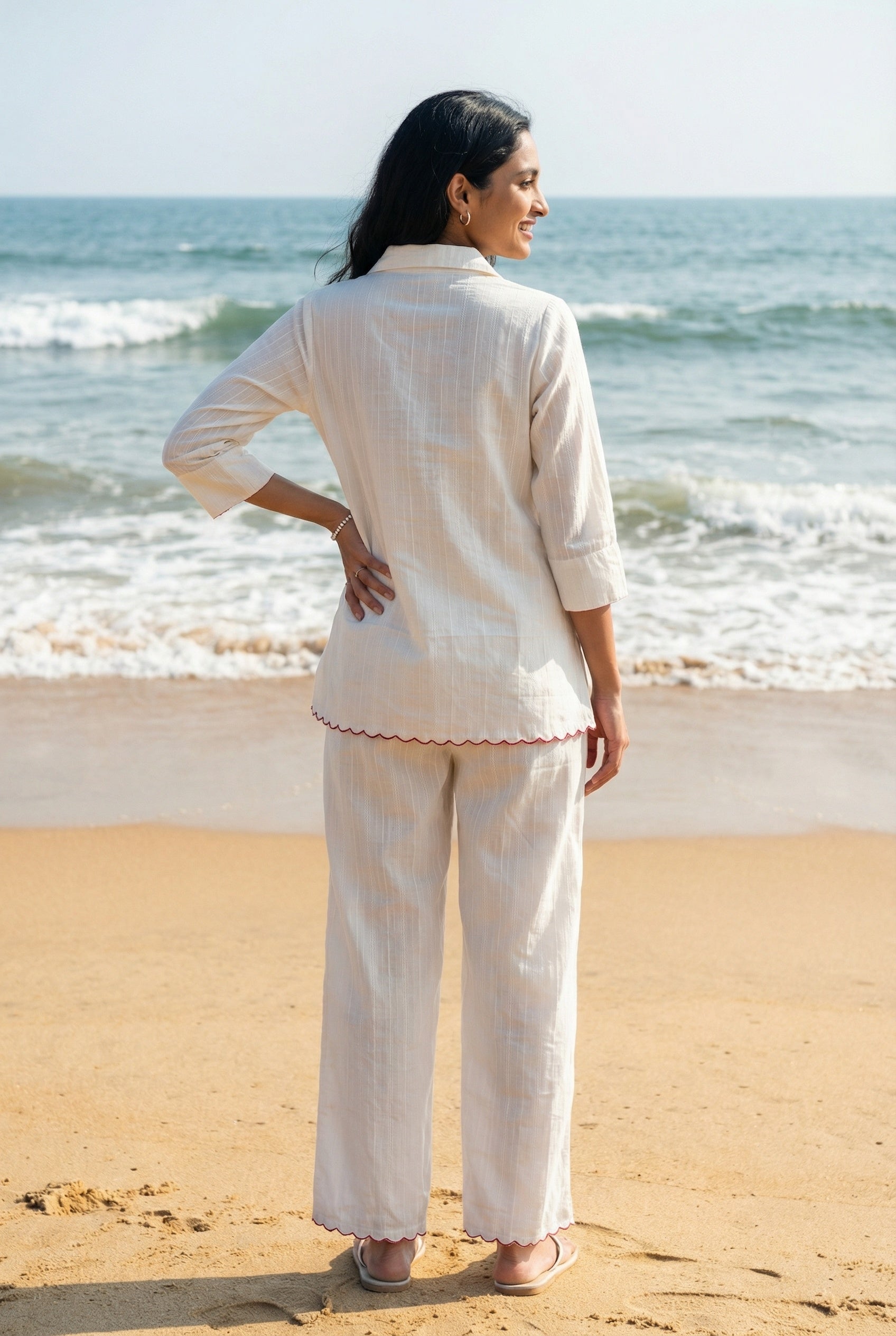 White Solid Shirt Collar Pure Cotton Night Suit For Women