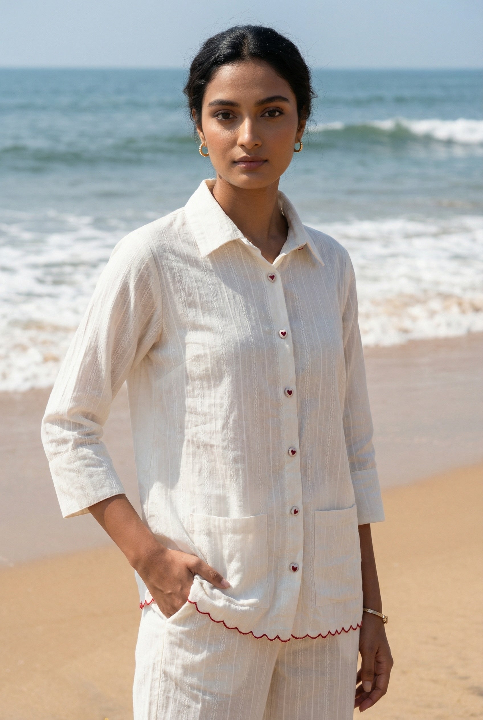 White Solid Shirt Collar Pure Cotton Night Suit For Women