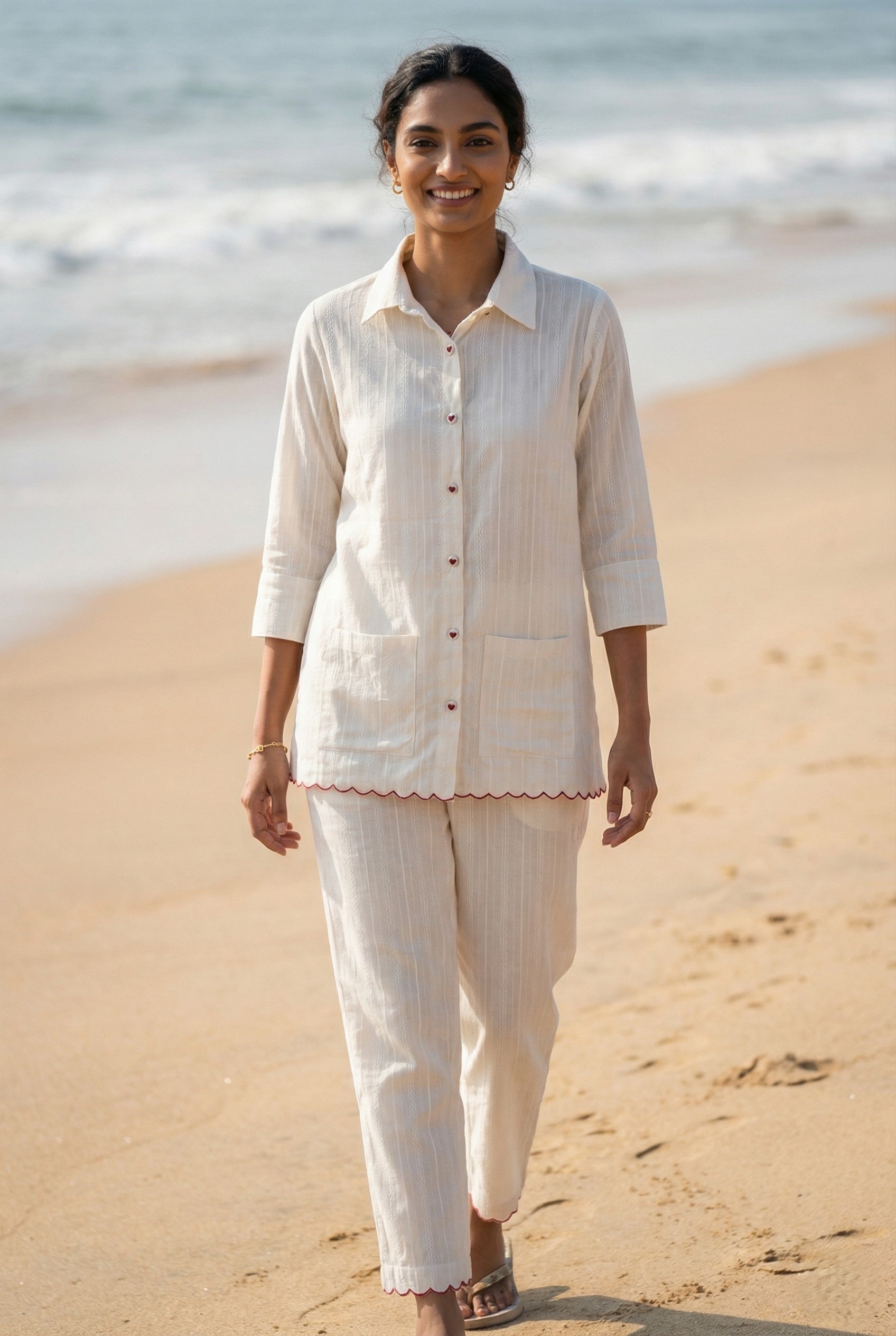 White Solid Shirt Collar Pure Cotton Night Suit For Women