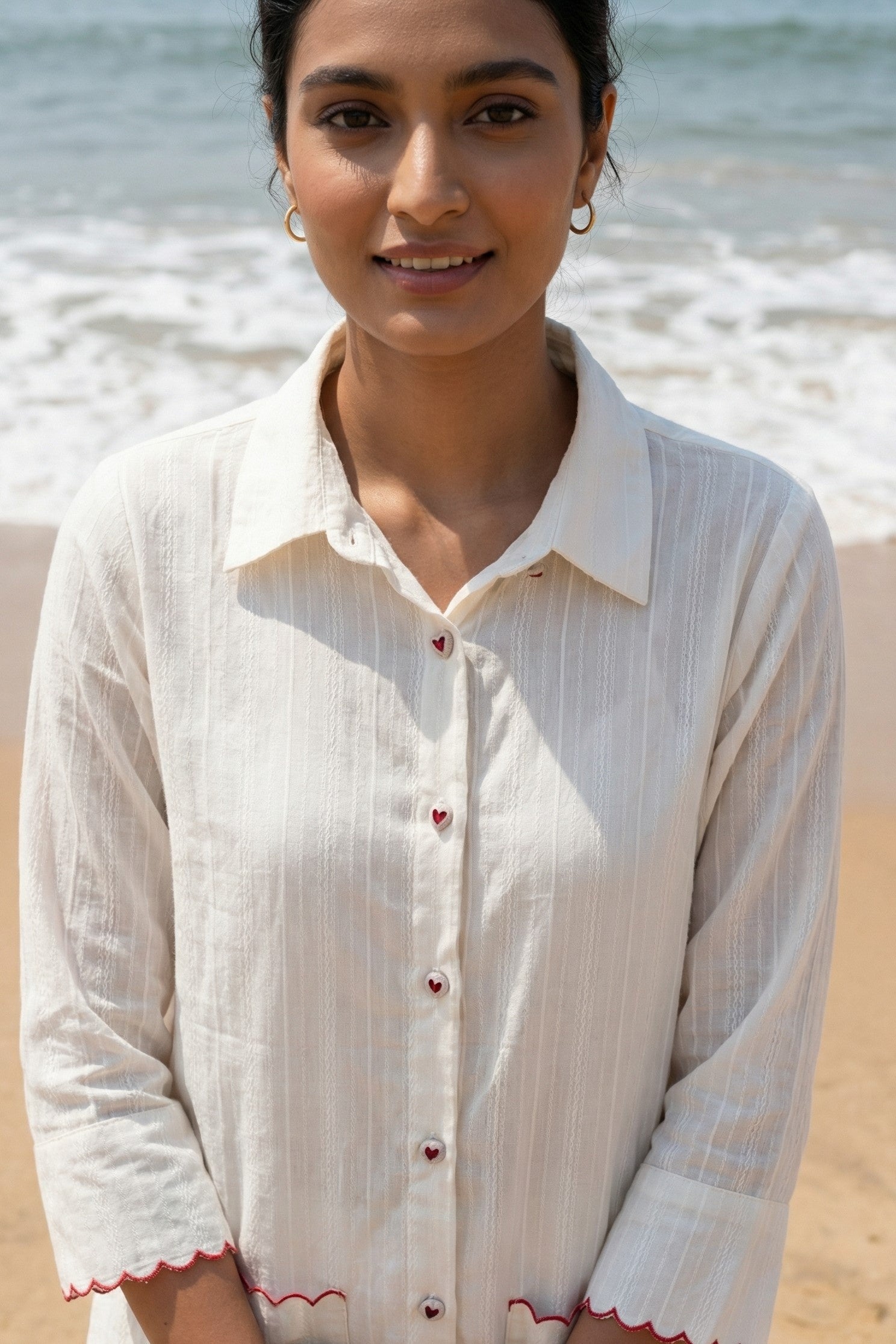 White Solid Shirt Collar Pure Cotton Night Suit For Women