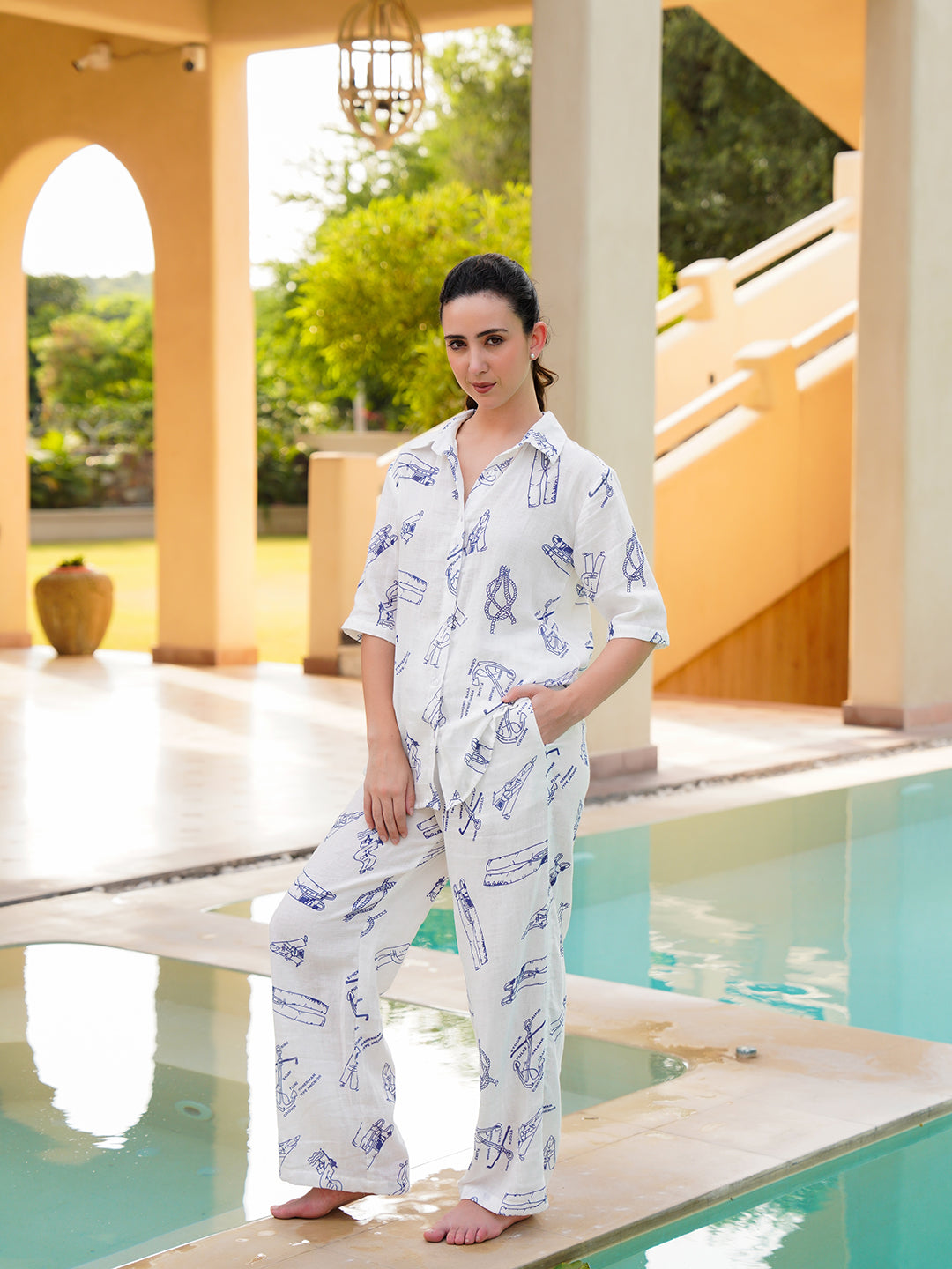 White Shirt Collar Pure Cotton Abstract Night Suit for Women
